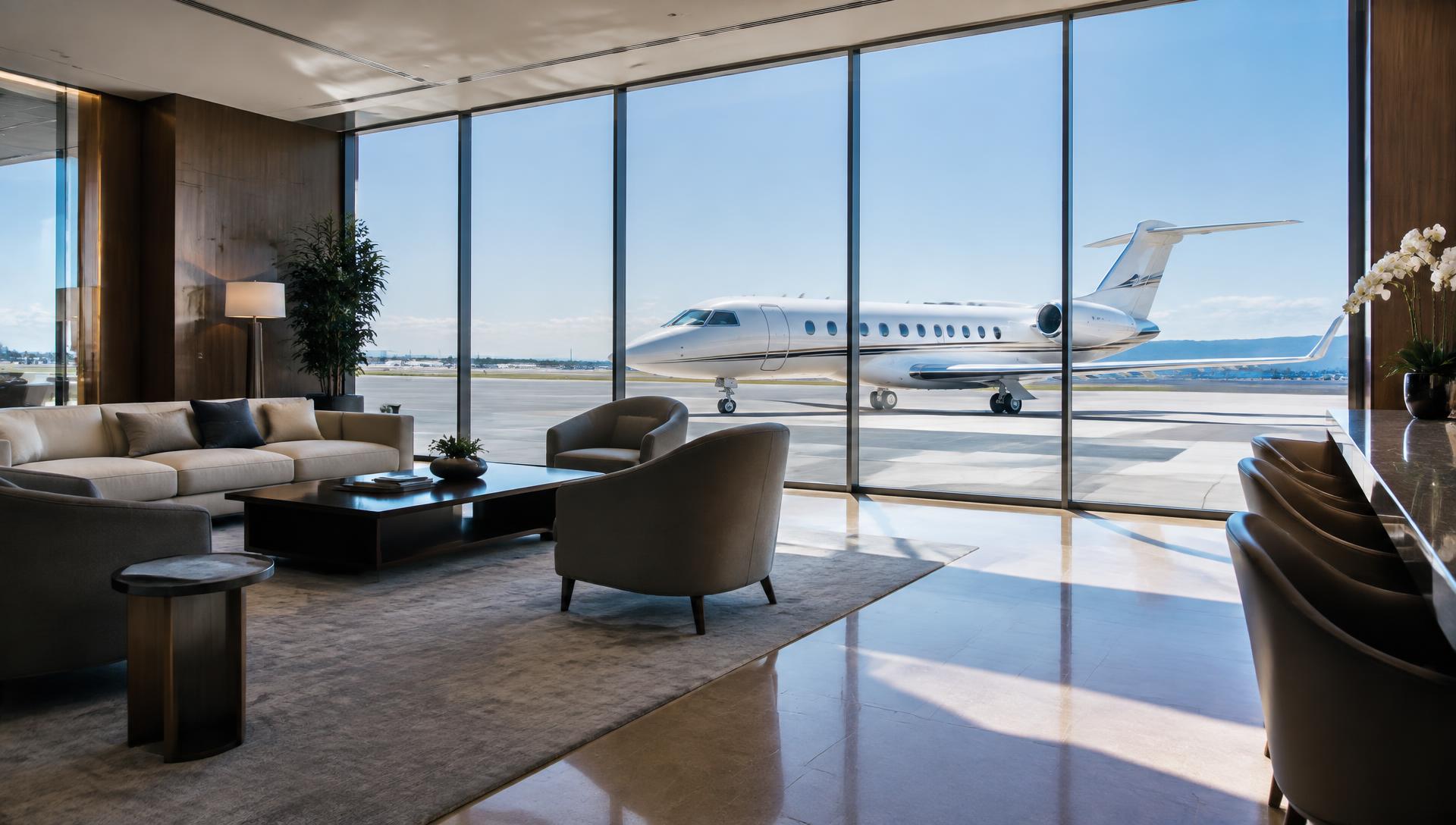 Private aviation terminal lounge overlooking a waiting jet