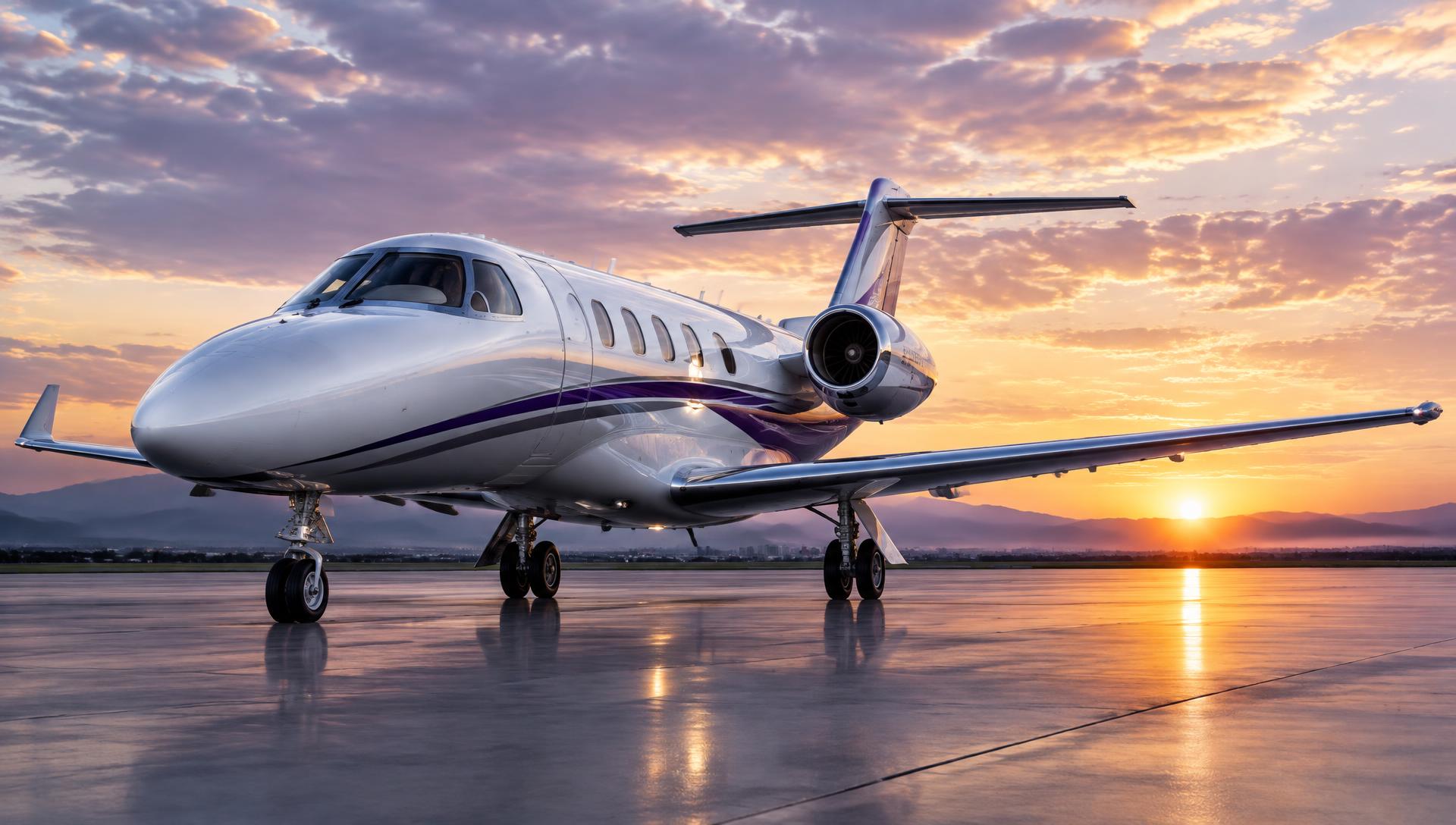Light business jet positioned on an airport apron