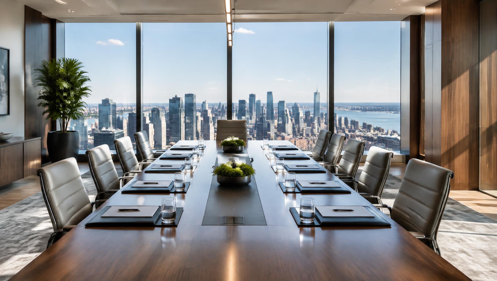 Executive boardroom prepared for a meeting overlooking the city
