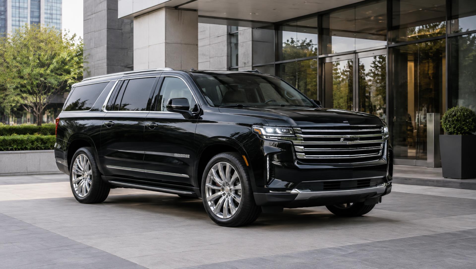 Black business-class chauffeured SUV parked outside a city building
