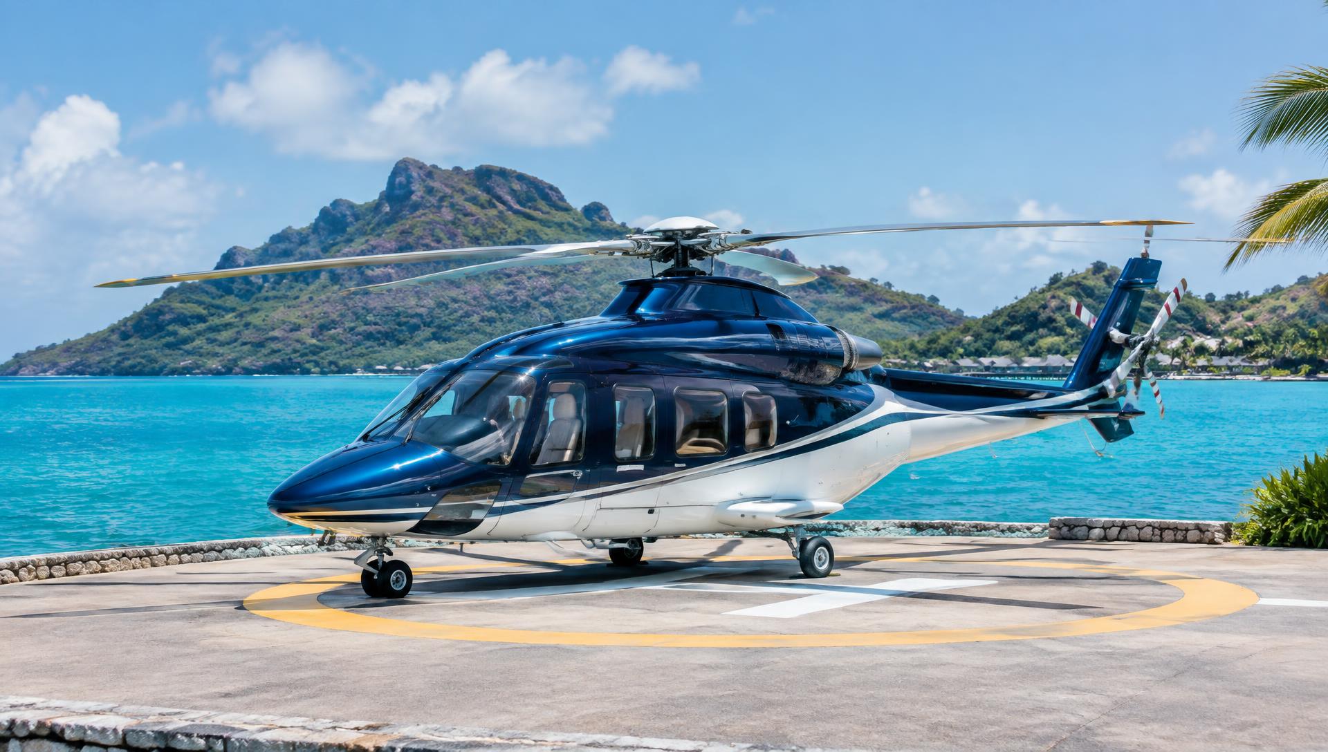 Helicopter beside a tropical island resort