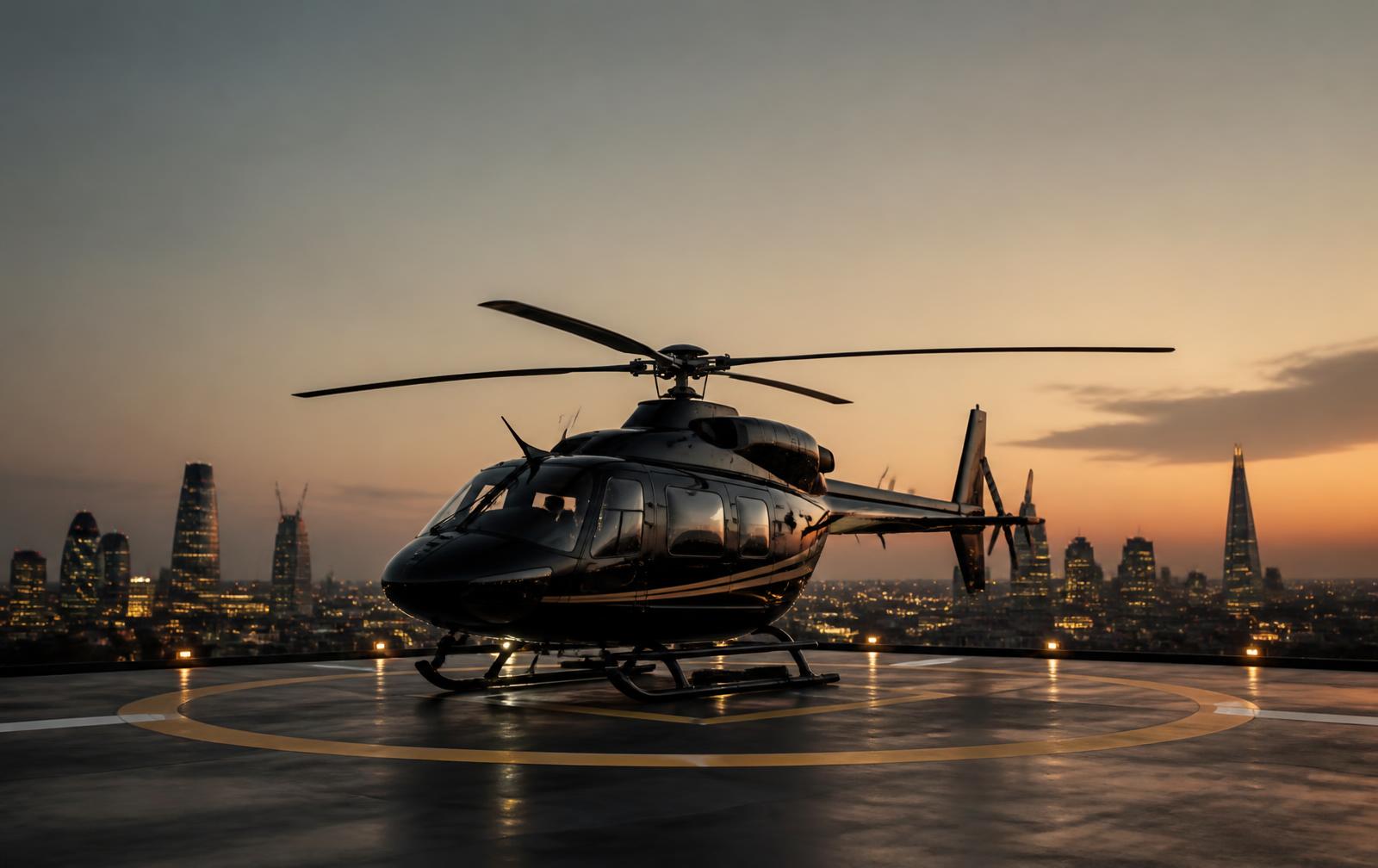 Executive helicopter resting on an elevated city rooftop helipad at dusk
