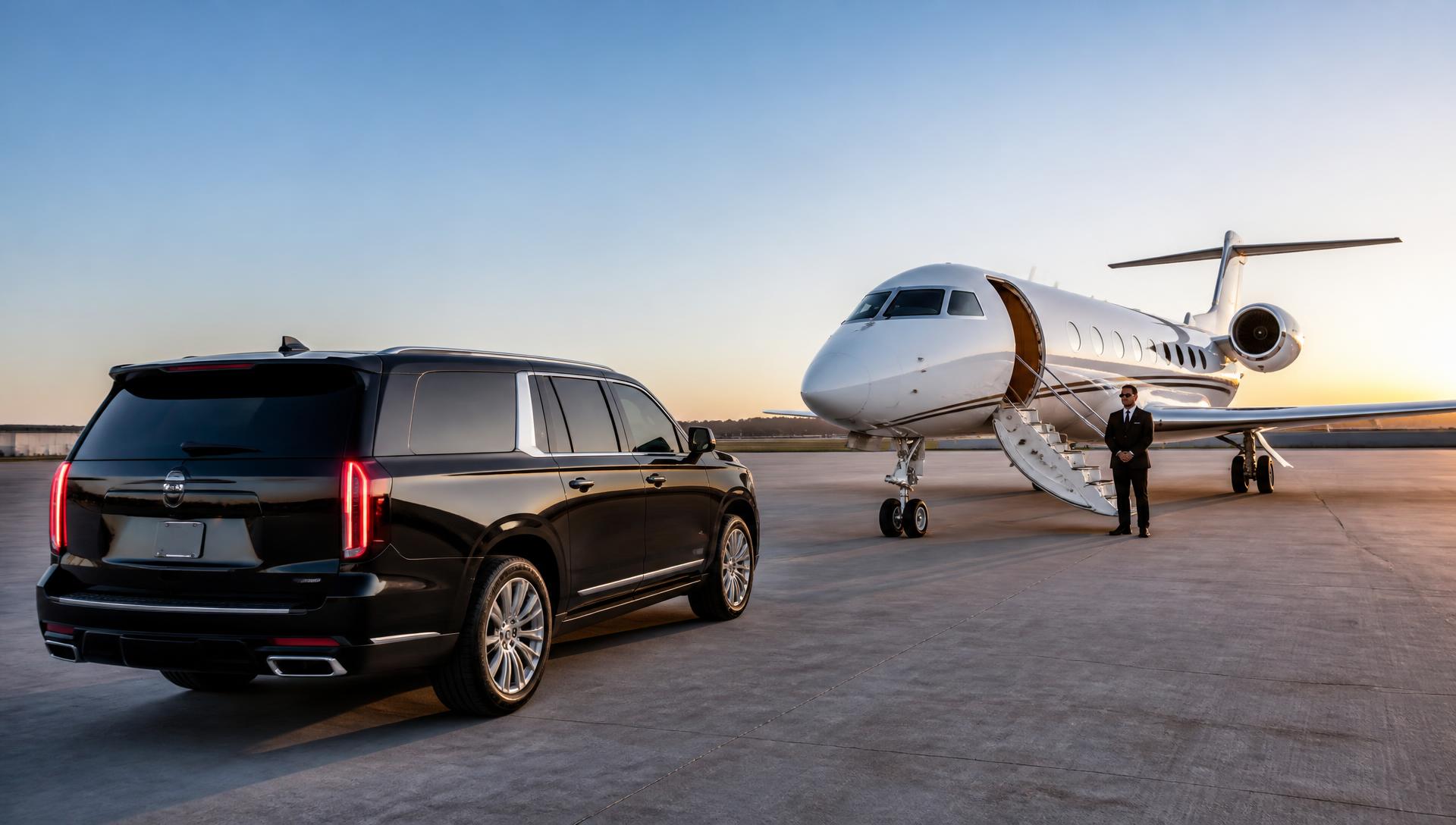 Private jet and chauffeured vehicle ready for passenger transfer
