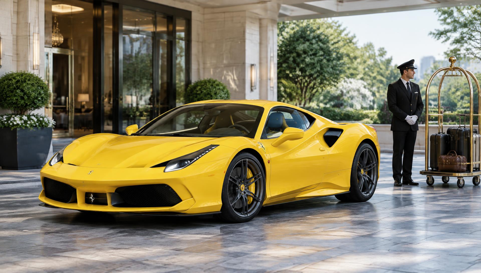 Illustrative yellow exotic sports car delivered at a hotel entrance