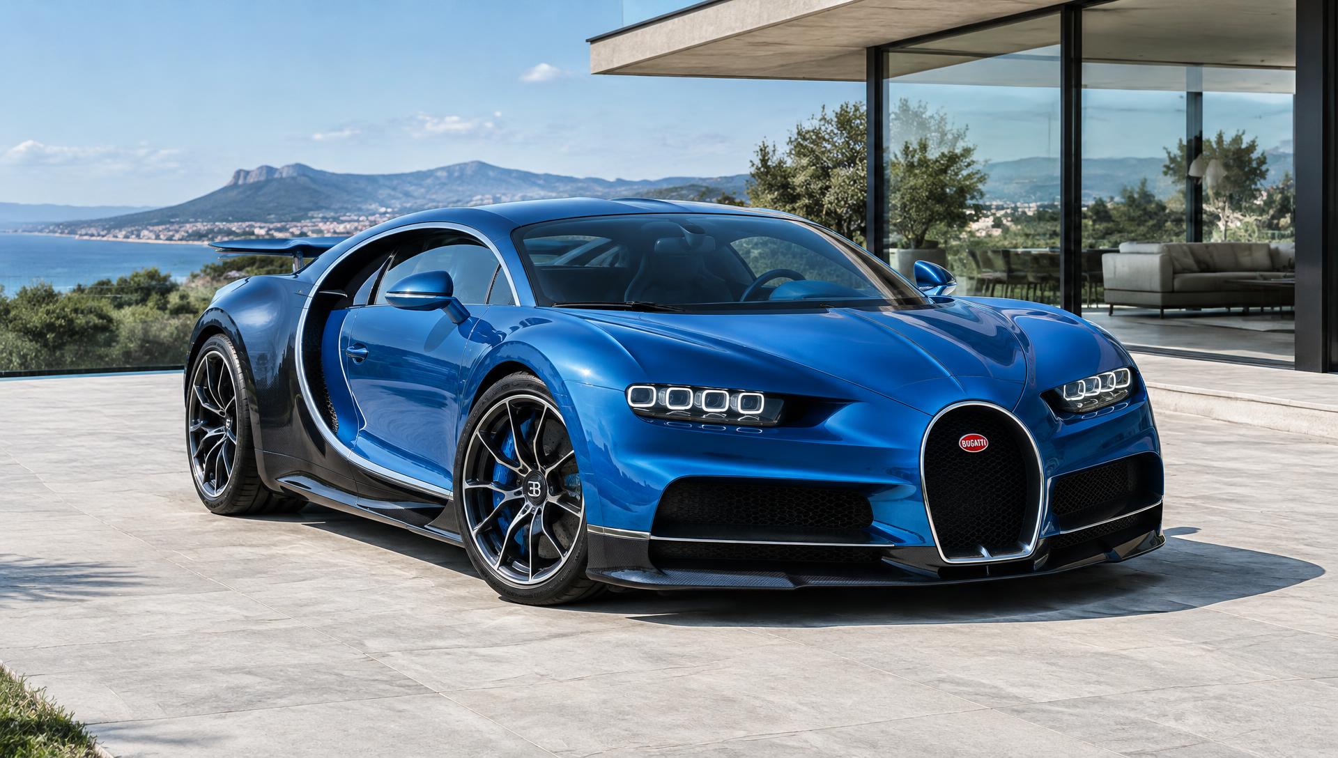 Illustrative blue hypercar outside a modern residence; inventory confirmed separately