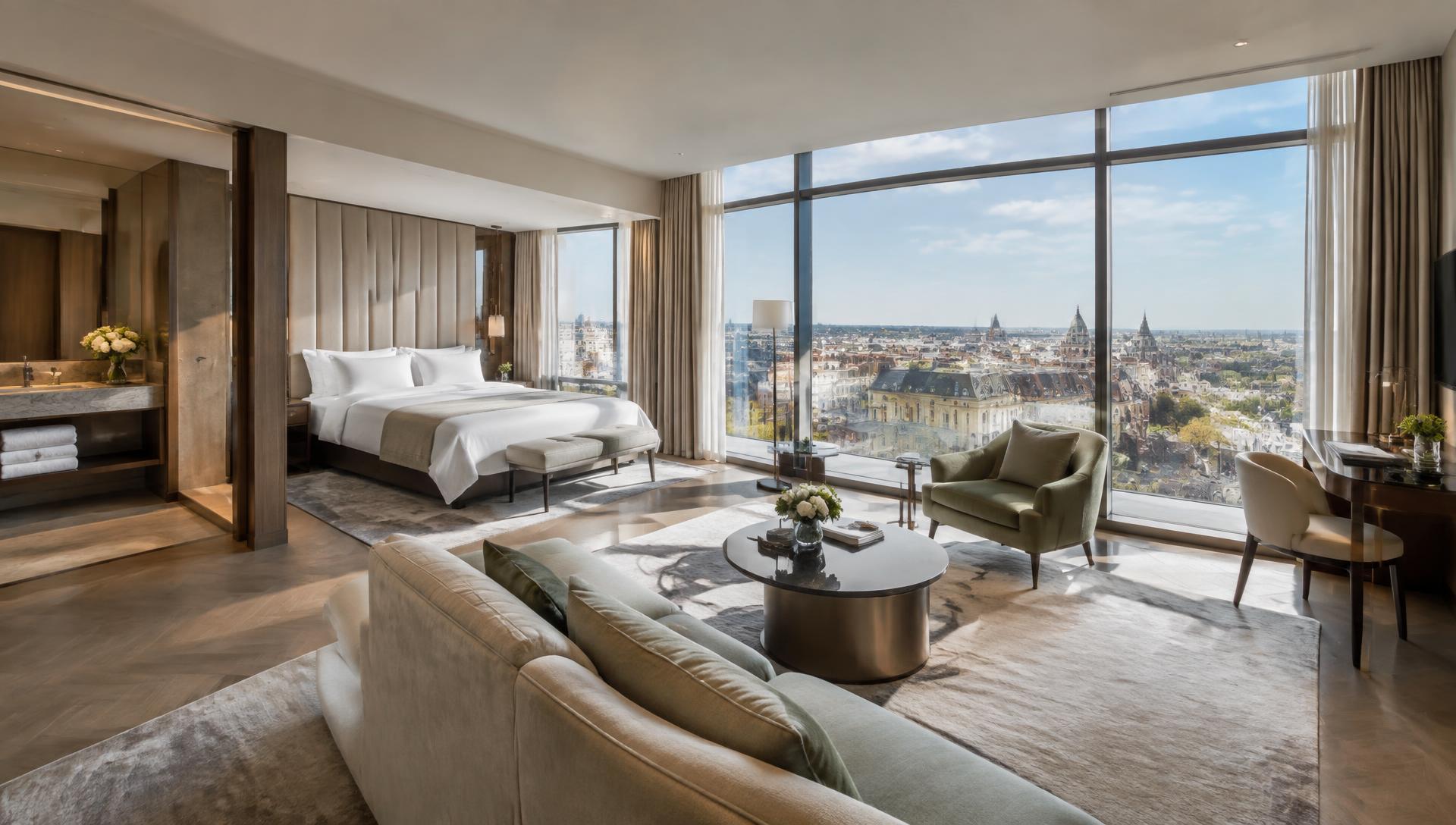 Contemporary luxury hotel suite overlooking the city in daylight