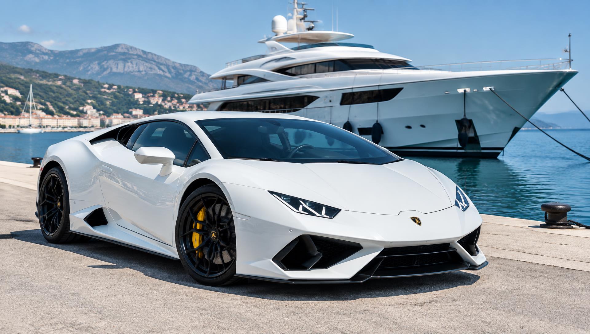 Illustrative white exotic sports coupe at a superyacht marina