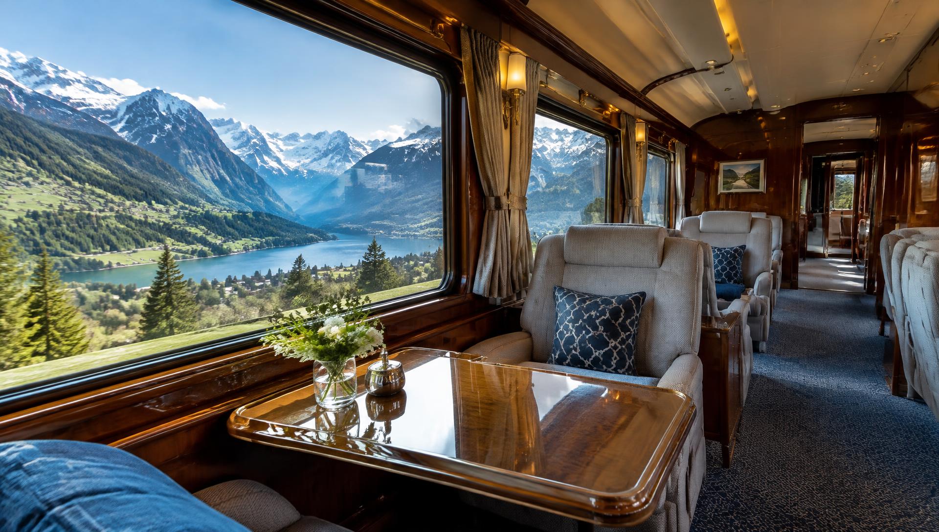 Train carriage interior with warm evening lighting