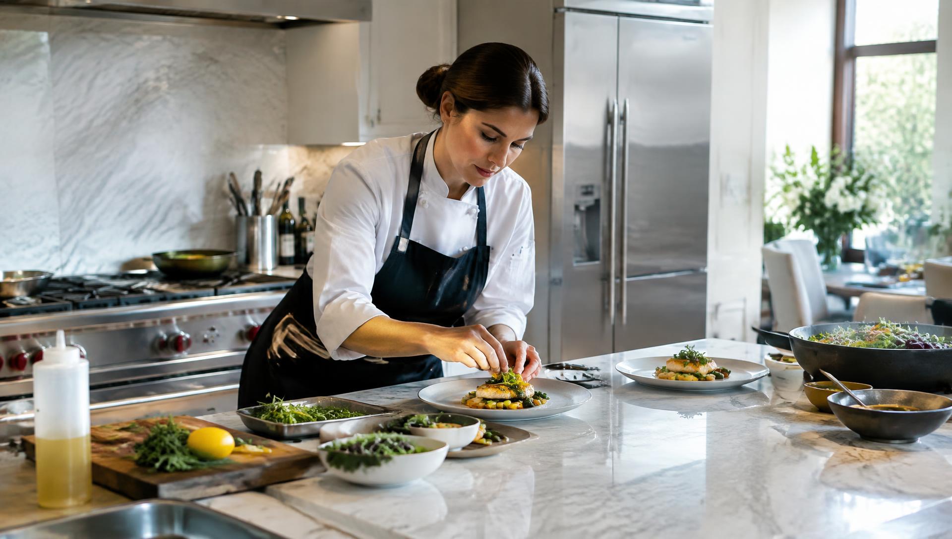 Private chef plating a meal in a residential kitchen