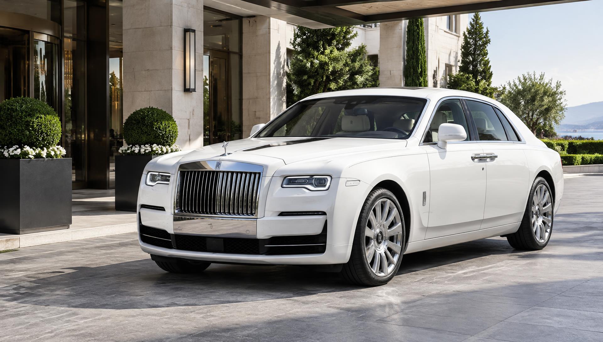 Illustrative Rolls-Royce sedan outside a luxury hotel; available vehicle confirmed before booking