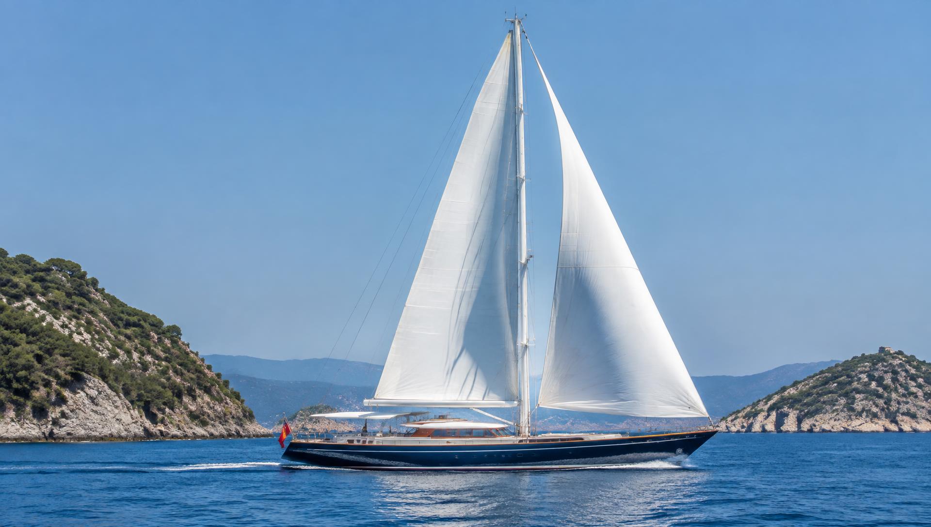Sailing yacht cruising between Mediterranean islands in daylight