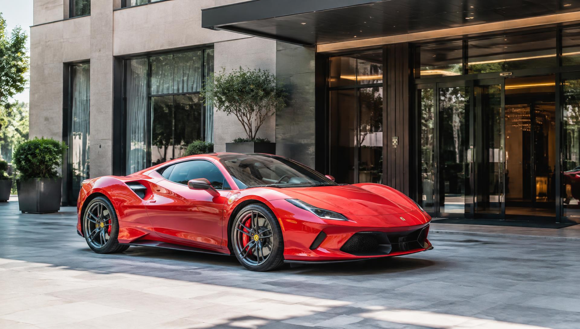 Red performance car parked outside a contemporary hotel