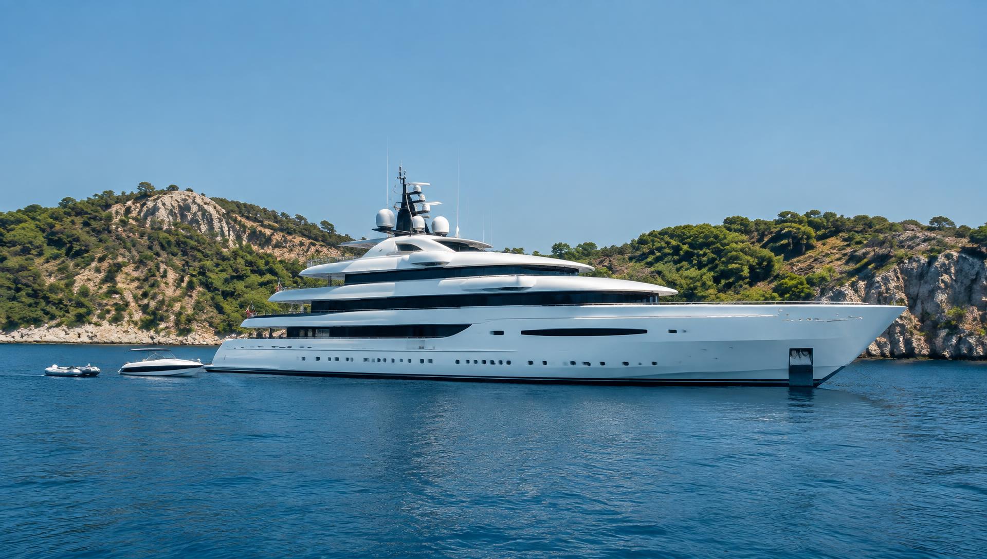 Superyacht at anchor in a Mediterranean bay