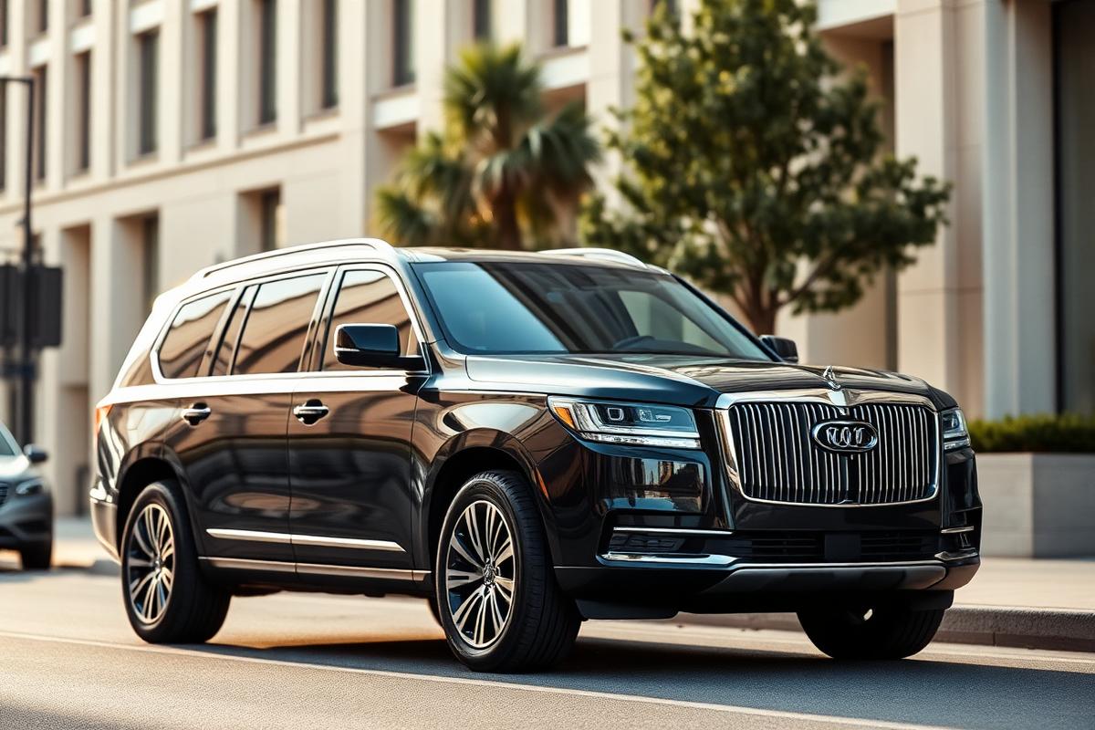 Black business-class chauffeured SUV parked outside a city building