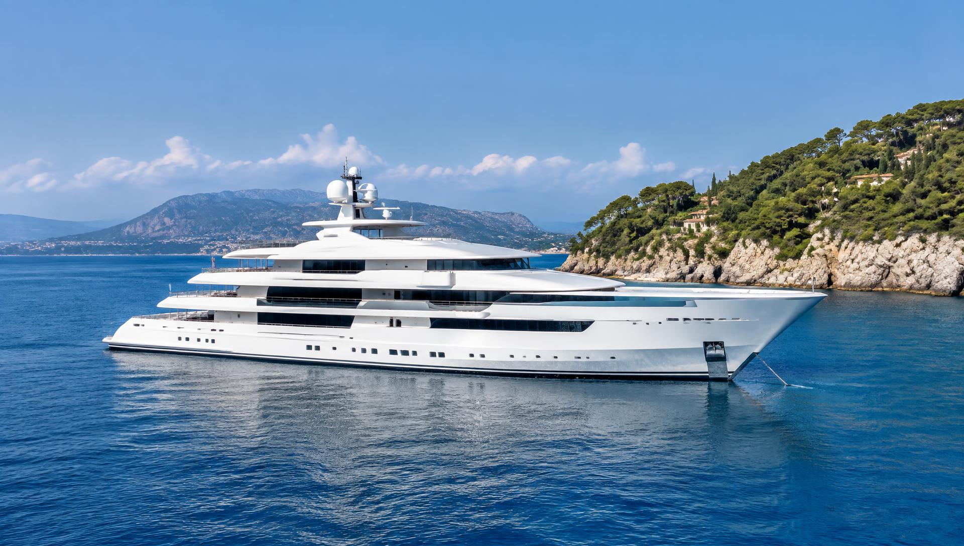 Contemporary white superyacht at anchor along the Mediterranean coast
